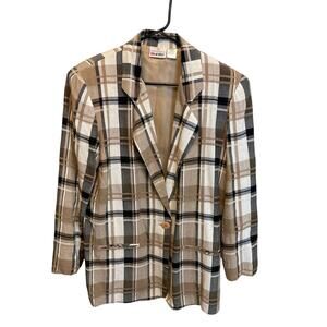 Vintage 90's Oversized Fall Plaid Brown & Black Long Blazer Jacket Size Large